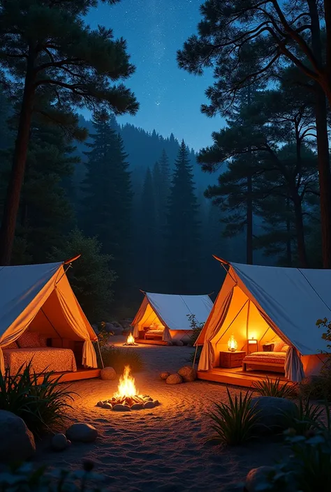 3 luxurious tents in a wooded passage at night with a campfire outside each tent