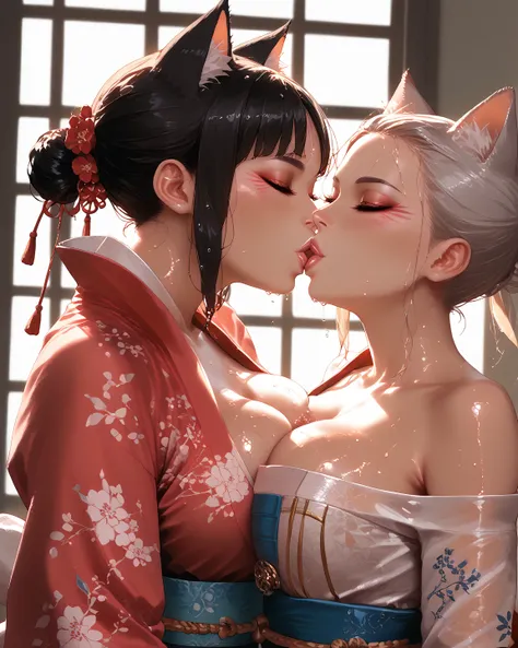 Young Samurai girl tongue kissing cat girl in wet tight clothes, cleavage 