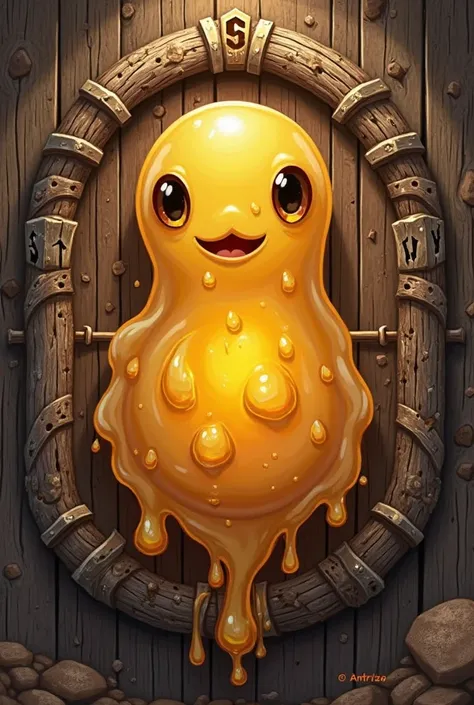 Create an emblem of a medieval tavern with a honey slime 