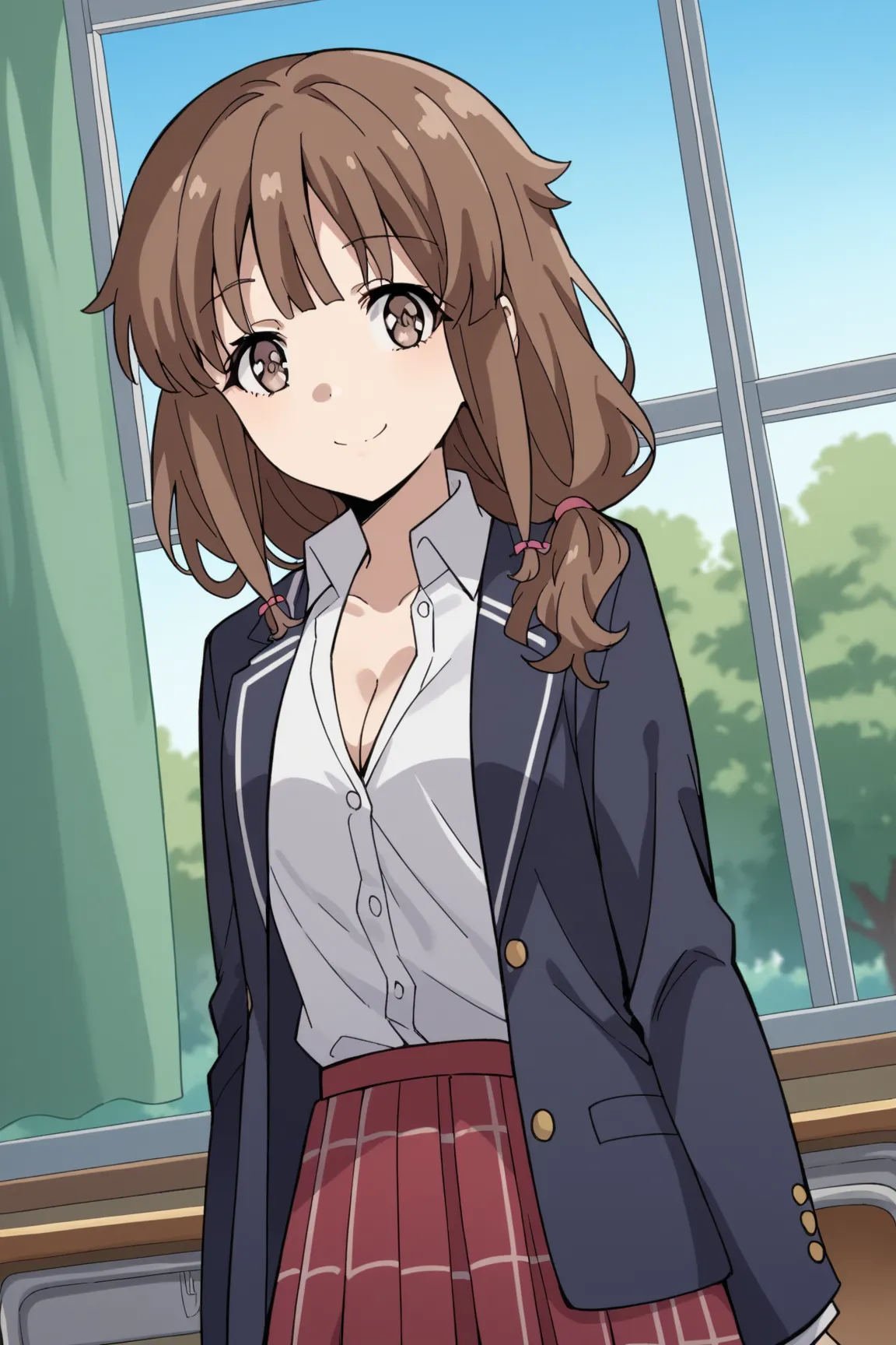 score_9, score_8_up, score_7_up, source_anime, kaede azusagawa, long hair, bangs, brown hair, brown eyes,, skirt, shirt, long sleeves, school uniform, jacket, white shirt, pleated skirt, collared shirt, black jacket, plaid, red skirt, plaid skirt, blazer, ...