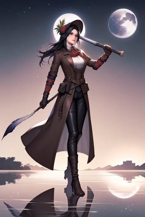 1girl, solo, standing, BLACK hair, long hair, brown eyes, bloodborne crowfeather garb, black pants, gloves, exposed arms, multiple scars in the left arm, multiple jewelry accesories, hunter hat, holding violet and golden knight longbow, BREAK threatening, ...