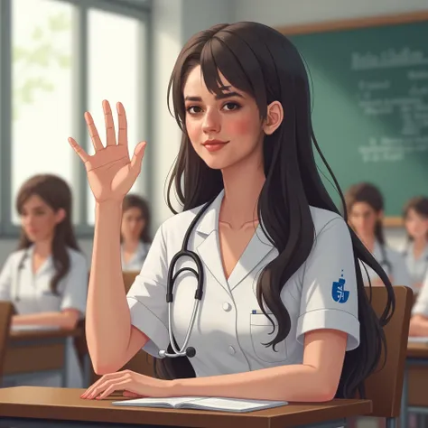 A nursing student in white uniform taking classes,  raising their hand,  sitting at a desk , of slim build, long hair, happy,  on his back. Use the photo as a reference.