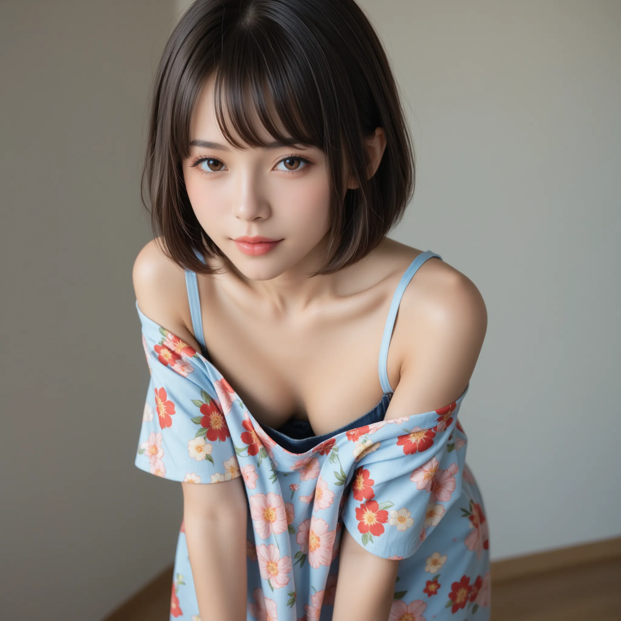 (((score_9, score_8_up , score_7_up , masterpiece, Ultra high definition，Highest quality, best quality, Sup er detailed, ultra-high resolution, realistic, Photorealistic, RAW photos, 8k))), NSFW, oversized Floral dress, Wide open chest, (((downblouse:2))),...