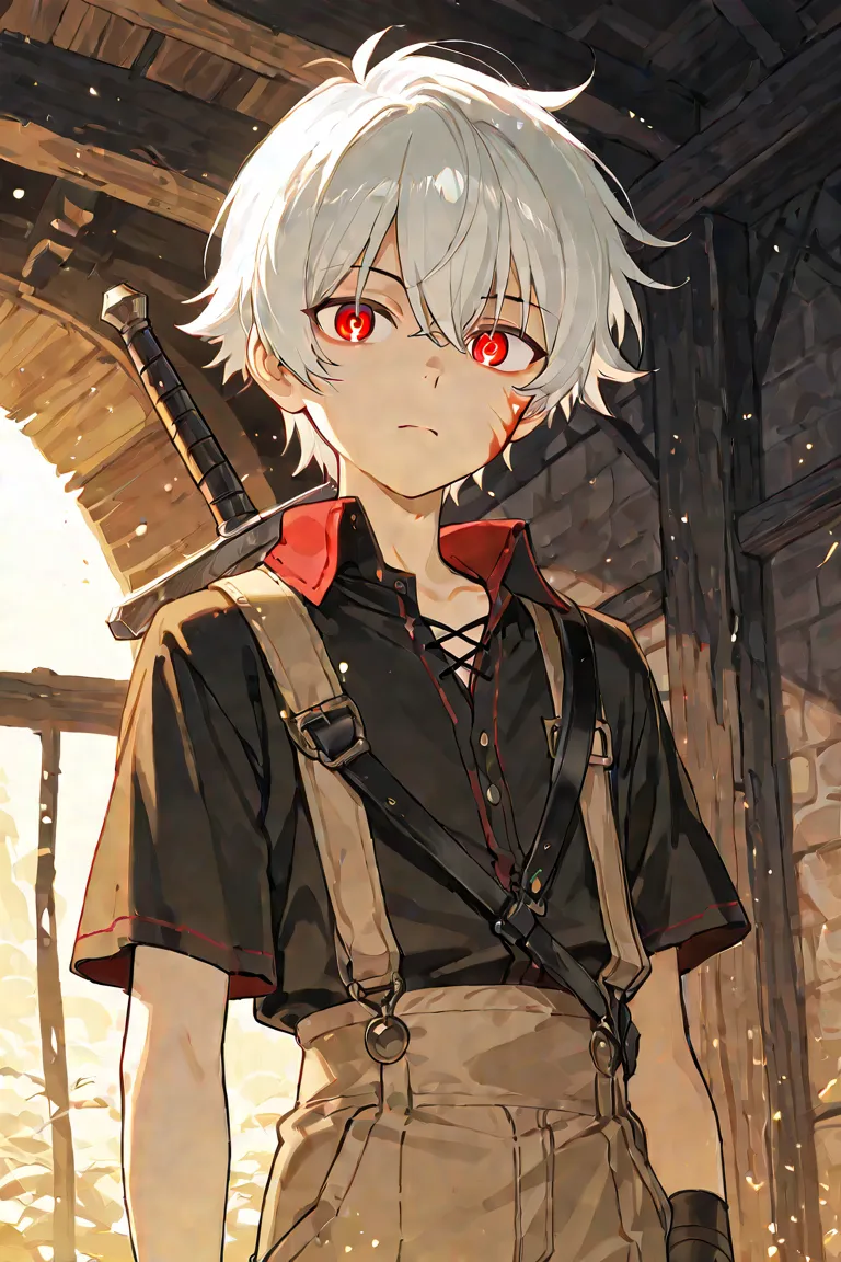  Silver Hair、sling、has red eyes、The length of the hair is about the middle、  boy