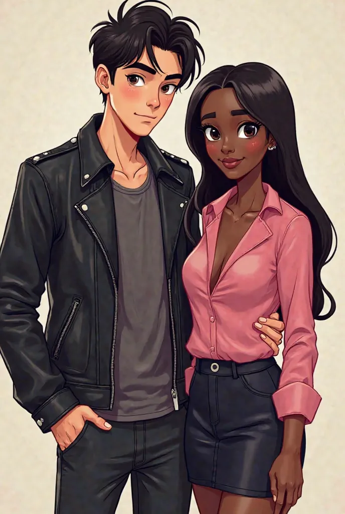 Handsome young dark haired white man, serious bad boy style, leather jacket and a dark skinned black woman next to him, she has medium straight hair and is wearing a pink blouse and skirt, she is smiling realistic cartoon style 