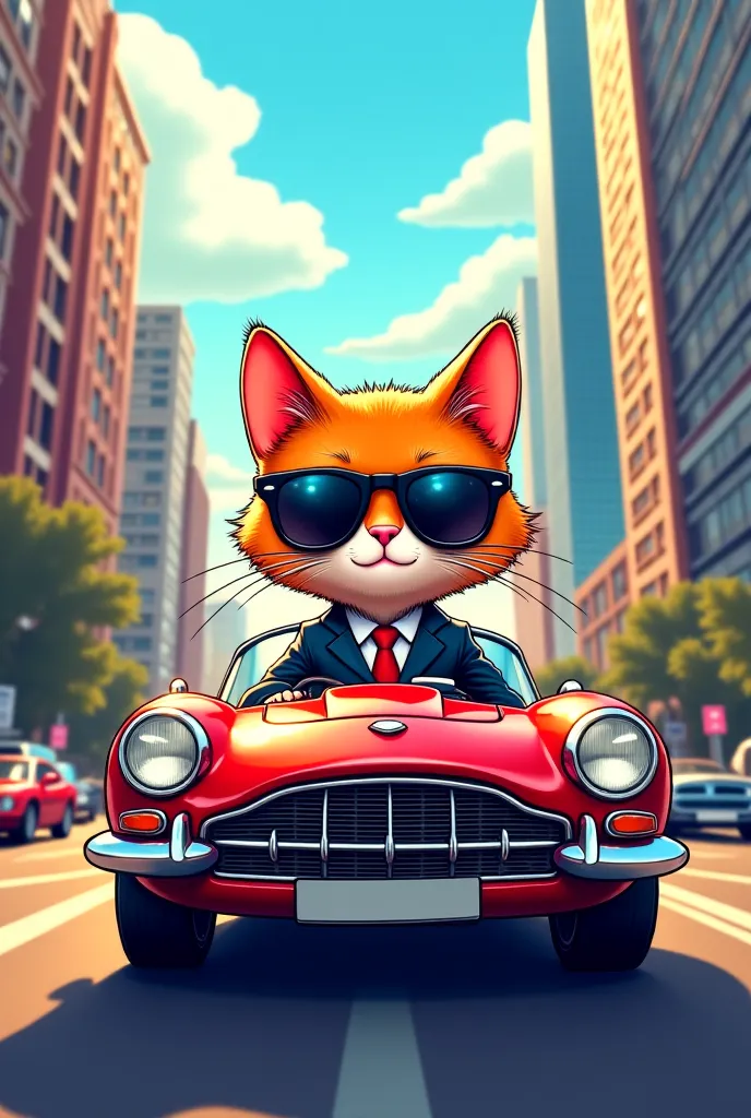 "A cartoon cat in a luxury car, driving through a city filled with tall skyscrapers, wearing designer sunglasses and a flashy suit."