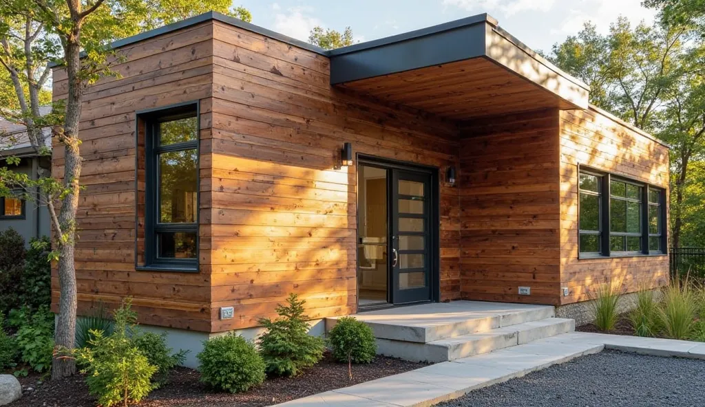 A modern home exterior featuring natural wood siding, showcasing its rich texture and warm aesthetic. The sunlight enhances the natural grain of the cedar panels, giving the house a welcoming and stylish appeal.