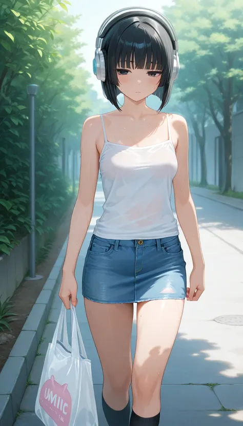 masterpiece, best quality, amazing quality, highres, absurdres, very aesthetic, high resolution, ultra detailed, perfect details, 1girl, solo, outdoor, black eyes, black hair, bob hair, hime_cut, short hair, oversized camisole, white camisole, headphones, ...