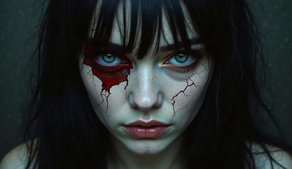 A surreal horror image of a woman with long jet black hair and bangs, her pale face cracked like shattered porcelain. Through these fractures, another face emerges—ArkhangeL, a man with long red hair and piercing blue eyes, his expression a mix of torment ...