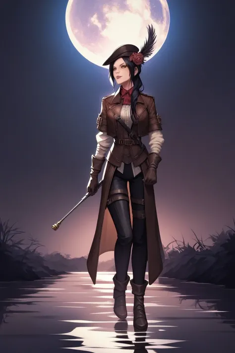 1girl, solo, standing, BLACK hair, long hair, brown eyes, bloodborne crowfeather garb, black pants, gloves, exposed arms, multiple scars in the left arm, multiple jewelry accesories, hunter hat, holding violet and golden knight longbow, BREAK threatening, ...