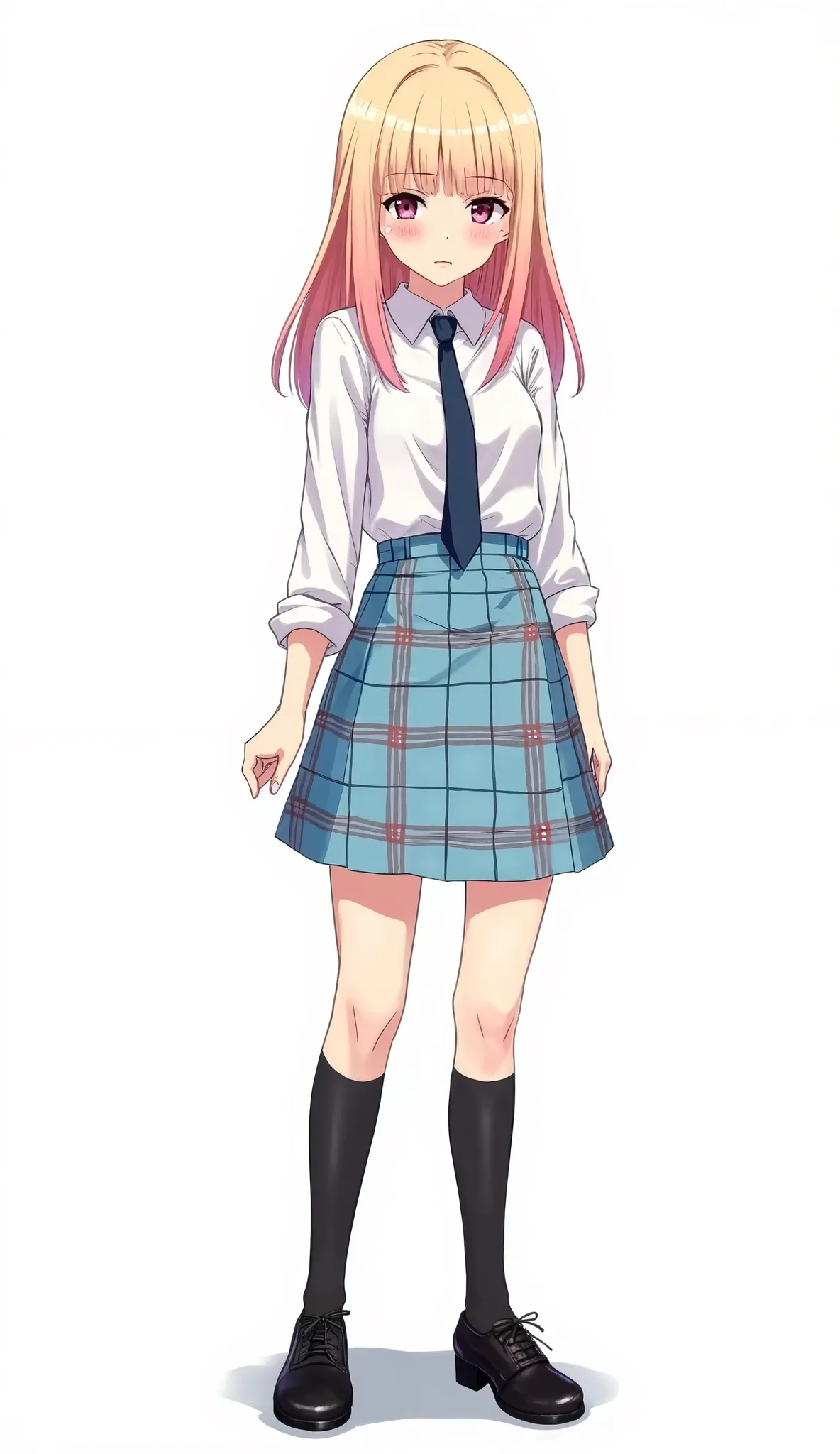 Japanese anime adolescent woman with light blonde hair long straight on the top and changing to a shade of pink at the tips and intense magenta eyes and wears a white shirt with long sleeves two quarters and
A dark blue tie, casually knotted.
With A sky bl...