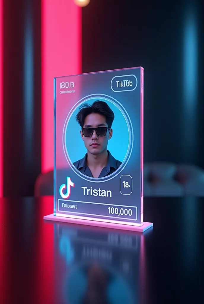 Create a profile on a glass identity card on a black table featuring the TIK TOK logo and a realistic profile photo of a 28-year-old korean man, shirt shirt ,  wears sunglasses  ,inside the circle and "Tristan " written in bold under the profile photo and ...