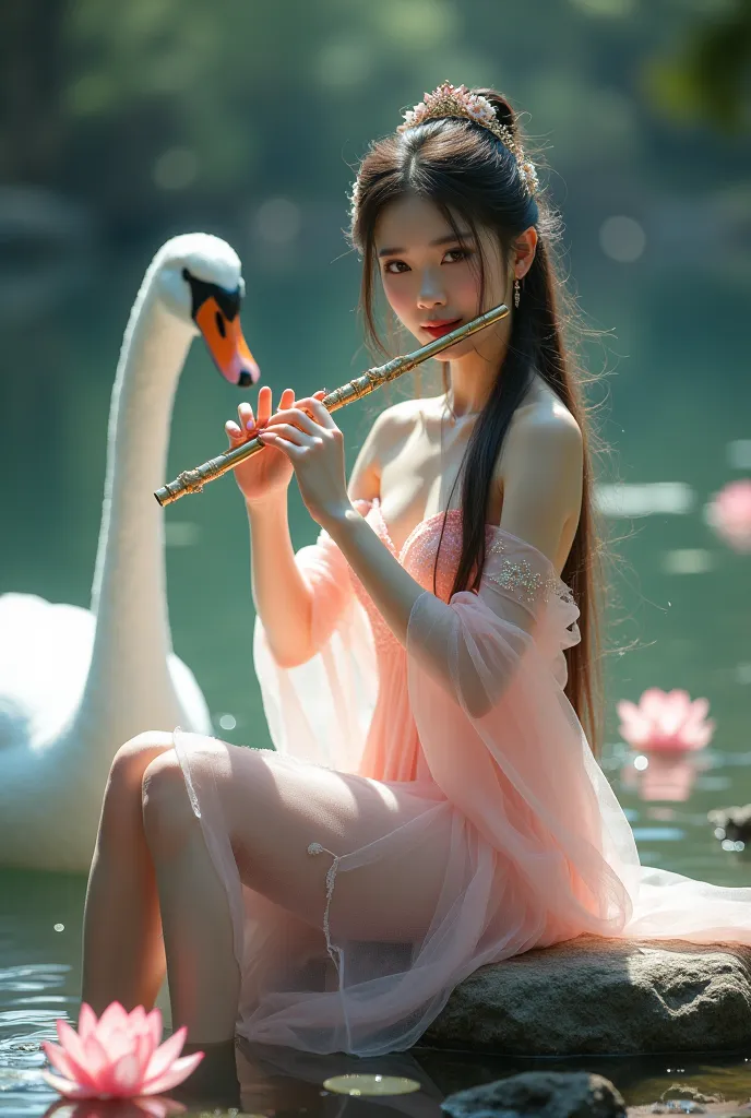 (photorealism:1.2), beautiful Korean woman, long hair with acsesoris at the hair, sitting at the rock wearing pink sparkling short dress, playing Flute, looking at viewer, with white sparkling swan beside her, at the river, lotus sparkling flowers ay the r...