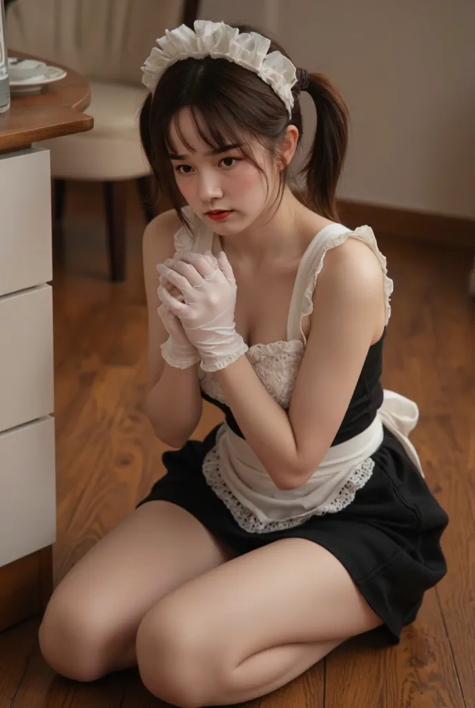 32k, Masterpiece, top quality, ( Korea's Beautiful Woman) High-angle, close-up view, pigtails, maid outfit, white top, black bodice, short skirt, lace, kneeling, serene expression, eyes closed, hands clasped, white gloves, wooden floor, warm lighting, indo...