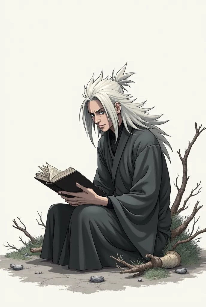 Make the Jiraya with a calm and simple appearance sitting quietly somewhere with a book in your hand while thinking about the past, Make the image in black and white and with strokes as if you were in the anime Naruto 
