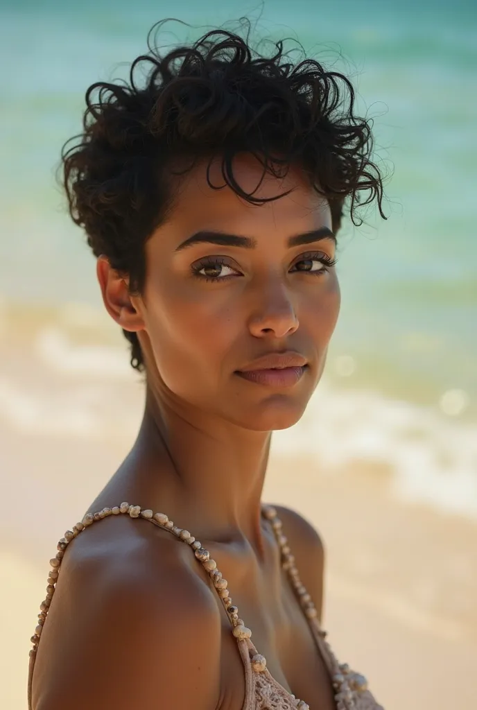 Image of a 35-year-old woman on the beach. Black and short curly and curly hair 