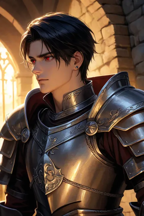 Anime short black haired man with red eyes wearing medieval armor (beatiful face)