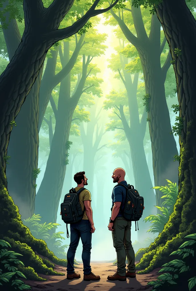 Comic illustration in the cartoon style of Paul Walker and Vin Diesel standing Enchanted Forest entrance, looking at the immense forest in front of him. The trees are giant and covered in moss, with shiny leaves that reflect sunlight. The air is slightly c...