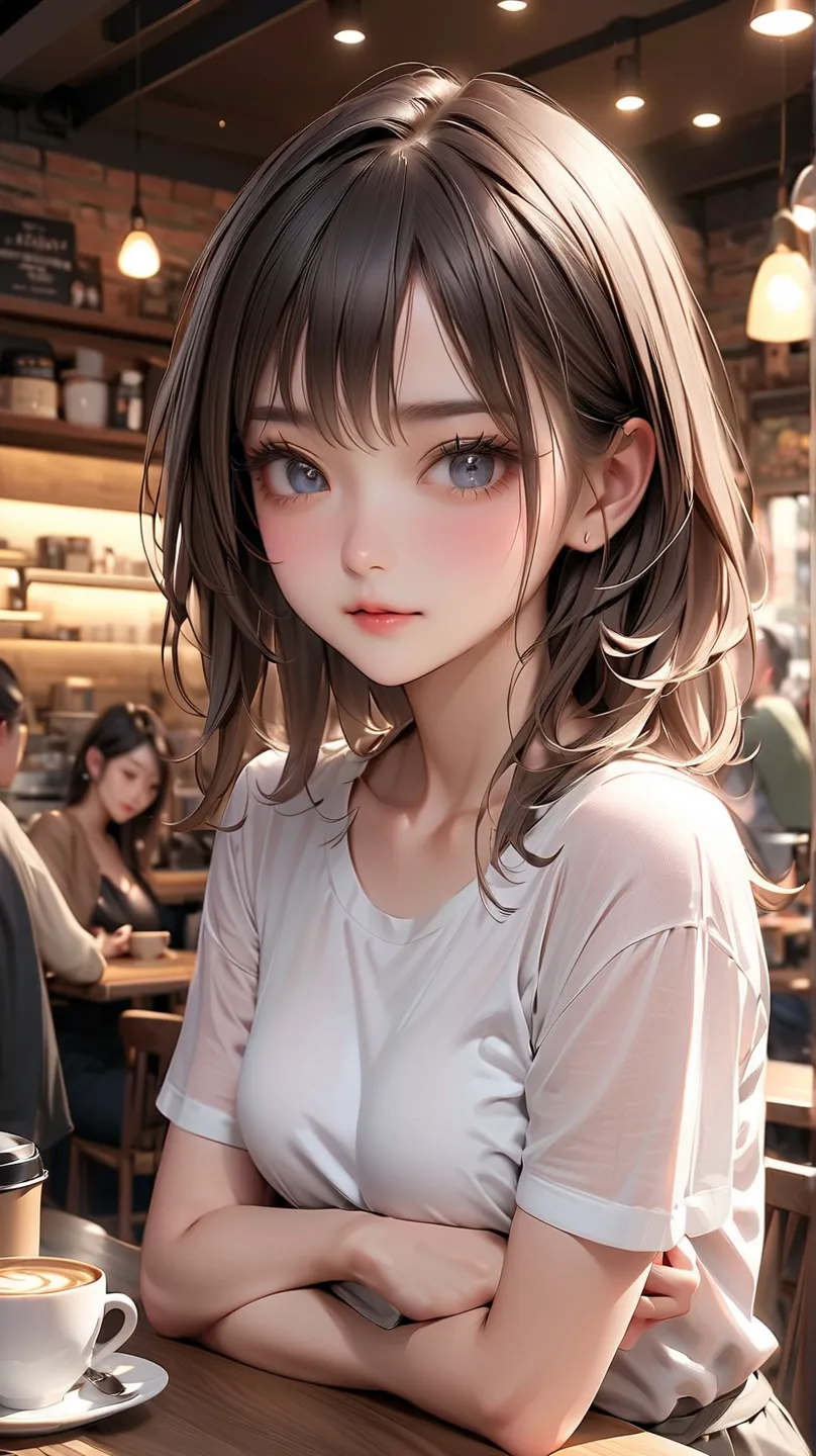  real 、 Hair、Pretty Girl、(Best Quality), 4K, Hi-Res, masterpiece)、  ( small face:1.8, ),  beautiful eyes、Delicate eyebrows, Delicate eyelashes, Slim System、shirt、 no bra、 coffee shop、People behind、high image quality、Best Quality、 realistic