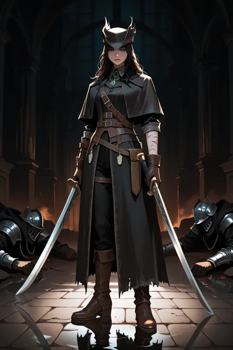 1girl, solo, standing, BLACK hair, long hair, brown eyes, bloodborne crowfeather garb, black pants, gloves, exposed arms, multiple scars in the left arm, multiple jewelry accesories, hunter hat, holding violet and golden knight longbow, BREAK threatening, ...