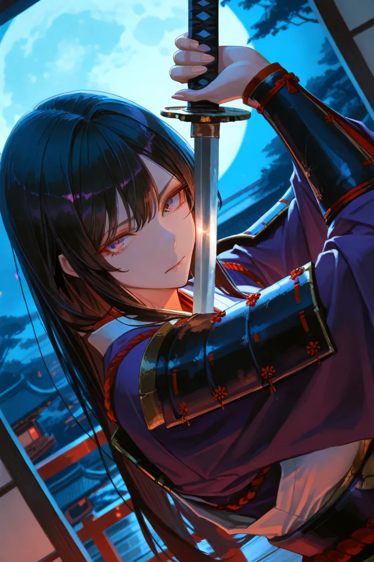 masterpiece, Top Quality,  beautiful woman ,  character focus , One person, upper body, long hair, Female Warrior, Armor from the Japanese Warring States Period,,In a pose holding a sword, Dynamic Angle, focus on your face,  Moonlit Night, Ancient Kyoto