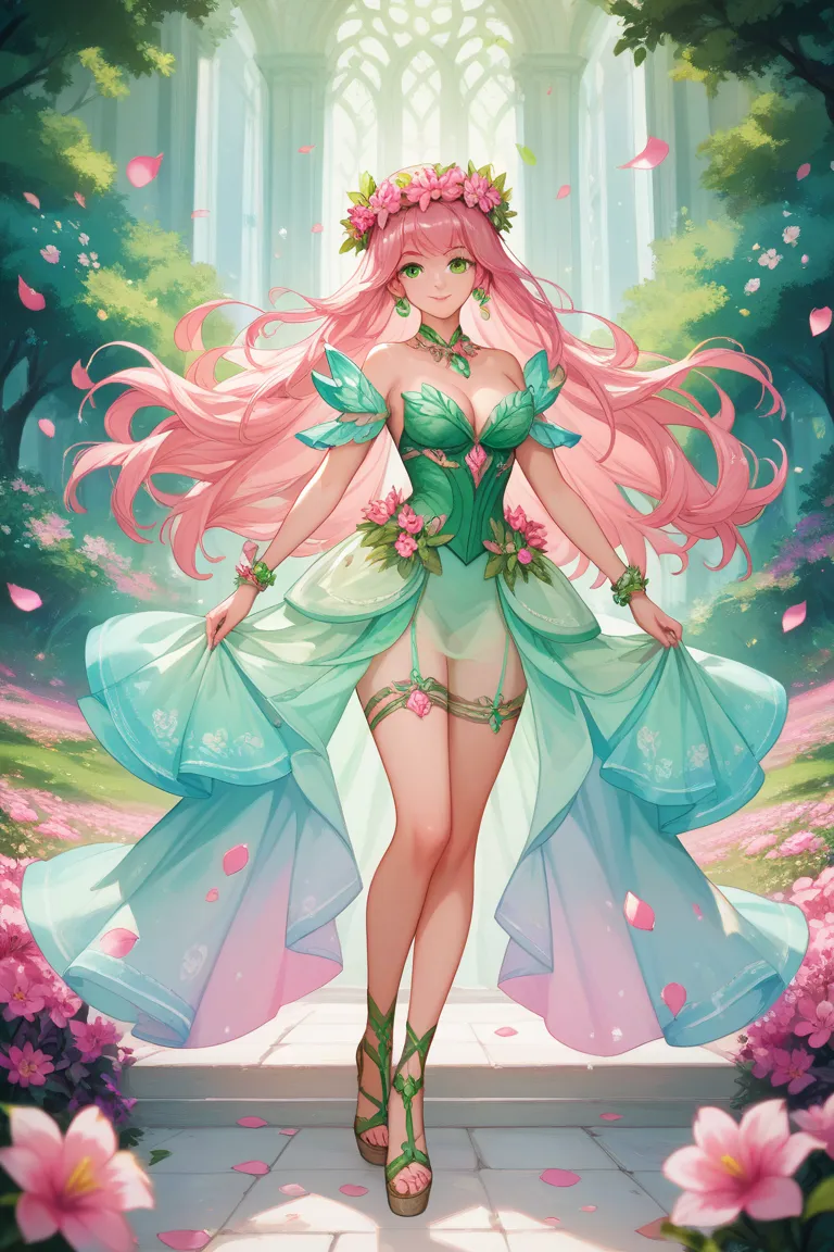 Full-body cartoon illustration of an elven druid, spring season. Soft pink hair, green eyes, vibrant green druidic robes with pink flowers, flower crown. Petals floating around, renewal and life atmosphere. Clean lines, vibrant colors.