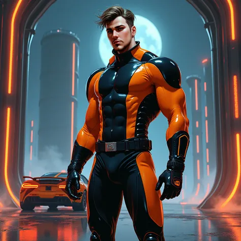 Muscular male defiant sci fi player, futuristic night neon hangar, standing with sport car,  retro-futurist wearing , apocalypse, wearing tight spandex sports uniform in black and orange,  Scifi Room,  fantasy, artwork by donnato Giancola, Greg Rutkowsky