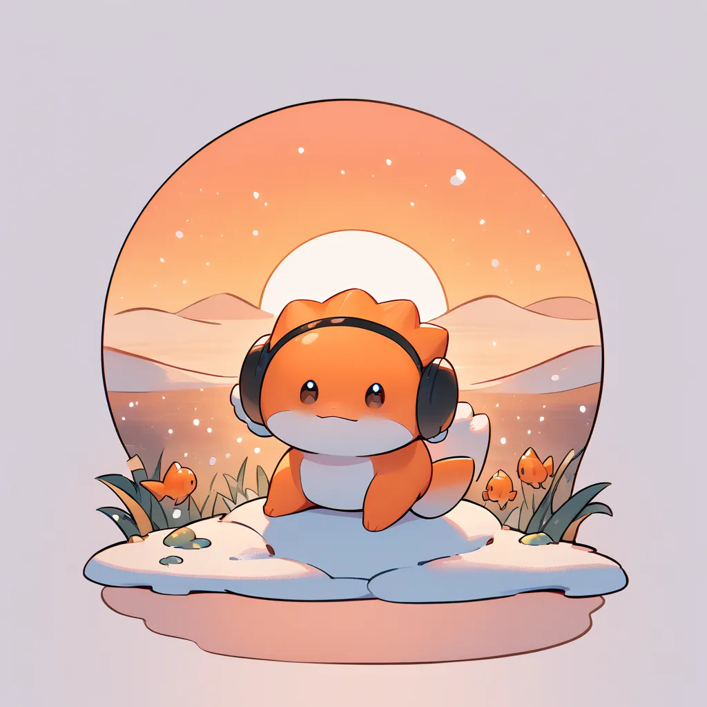  chibi,liaocao-style,(mudkip:1),Pokemon(\creature\),(simple background:1),orange sunset, black sunglasses ,(Bright:0.3),snow,earmuffs ,( no one), front view,(Close shot:0.2),full body shot