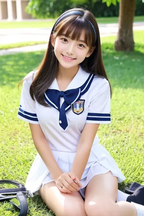 cute face　Real beautiful girl　 beautiful girl　full body　miniskirt　uniform　Summer clothes　white blouse　 Beautiful Thighs　Sitting on the grass　Knee　baby face　smile　 clear 　 low length 　 middle school student　High school student white panties in full view