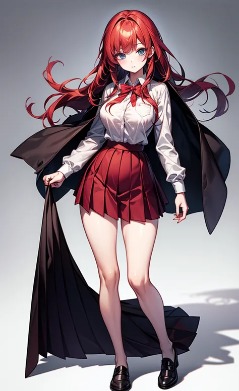 full body image, chica alta, Slender girl, white skin, blue eyes, long hair,  red hair, hair with bangs, Large and round bust, wide hips, dressed in a schoolgirl's uniform,  pleated skirt, red skirt, skirt with lace, long sleeve shirt, White Shirt,  black ...