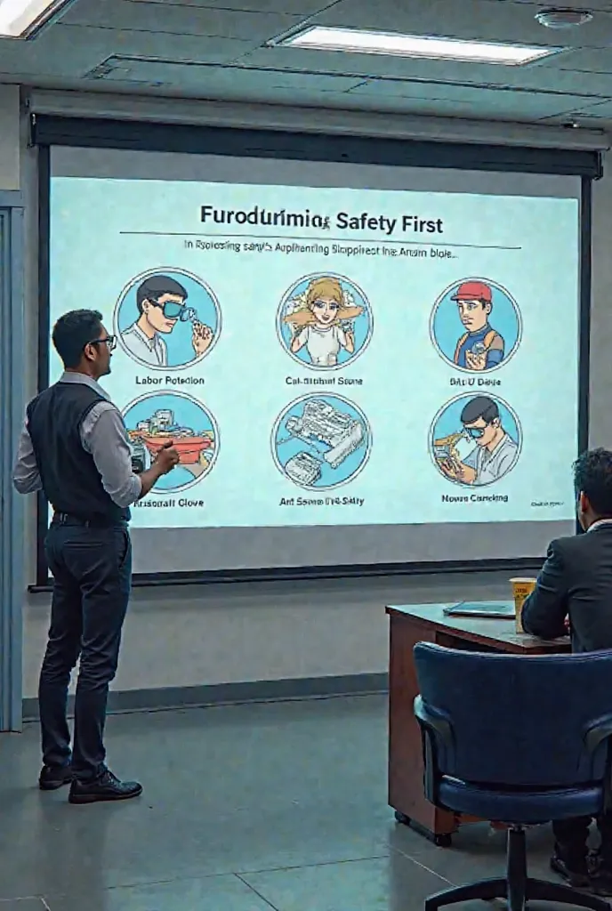 At the office of Estron Company, training slides on production safety with knowledge of safety first language. Side content includes labor protection, cut-resistant gloves, anti-UV glasses, noise-canceling headphones, comic style