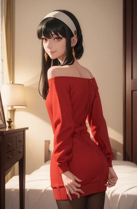 {{masterpiece, best quality, extremely detailed CG, beautiful detailed eyes, ultra-detailed, intricate details:1.2}}, yor briar \(spy Family\),  black hair, (red eyes:1.5), earrings, white hairband, hairband, long hair, sidelocks, bare shoulders, collarbon...