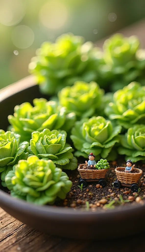 Cena 3: Fresh Lettuce Harvest
Harvest time has come! The Miniature landowners moved quickly between the crispy ripe rows of lettuce. Using tiny scissors made from tree bark, they cut the lettuce heads at the base, placing them carefully in baskets woven wi...