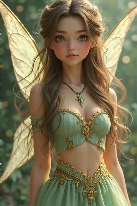 A 3d photorealistic  human like  image of a fairy girl with long flowy brown with highlight and ombre ends hair and wearing a light green two peace croptop and skirt with gold detailing (basically a photorealistic version of flora from winx club)