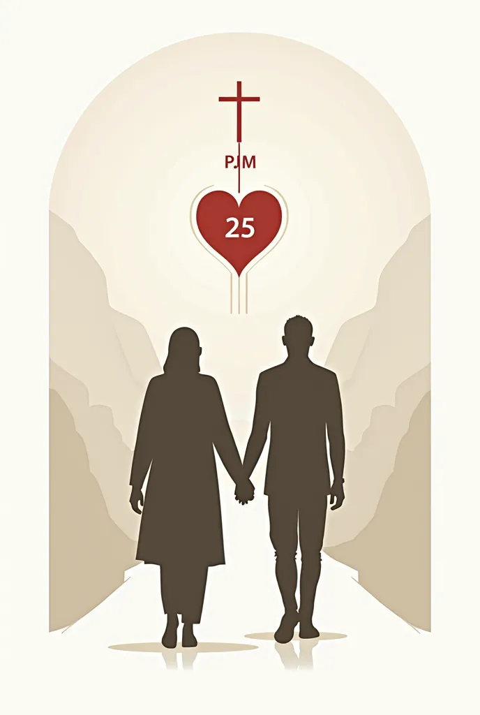 Design a religious logo that represents two people walking down a path to a heart with a cross and on one side are the letters PJM and the numbers 25, All the logo that has thick lines. 