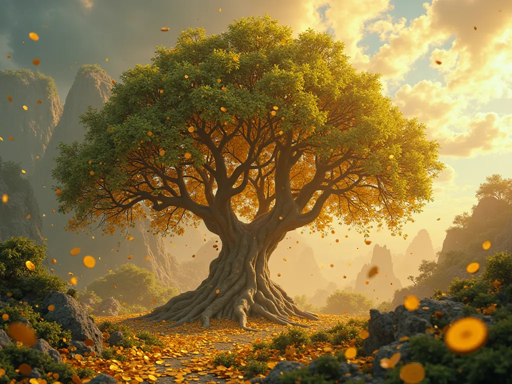 A magnificent tree in a futuristic city where every leaf is a glowing gold coin, shimmering in the sunlight. The economy of the future is fully integrated with nature, creating a balance between financial success and sustainability.