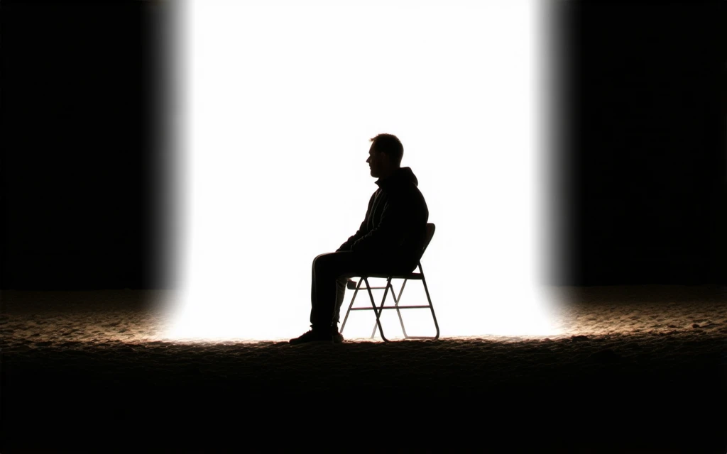 A man sitting on the ground in the dark,Sitting by the seaside at night, human-sized portal glowing white on the beach,Glowing white portal,shooting , Grainy image, disposable camera photo, Low-quality photos, disposable camera photograph, granular film st...