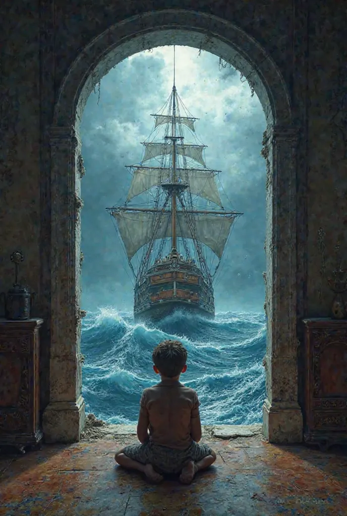 Hyperrealistic painting of a young boy kneeling in a room with a hole in the ceiling revealing a stormy sea and a large, majestic sailing ship,  in the style of Greg Rutkowski and Boris Vallejo, intricate details, dramatic lighting, 8k resolution, artstati...