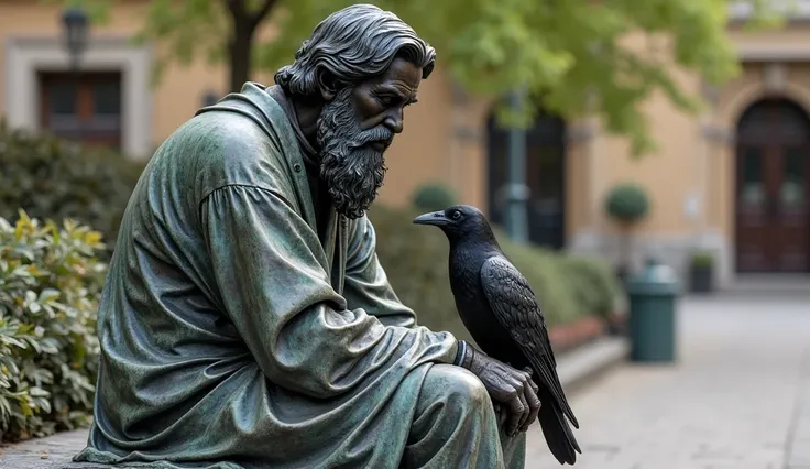 "A bronze statue of a bearded philosopher sitting on a stone bench, a raven perched on his shoulder, symbolizing wisdom and the passage of time."