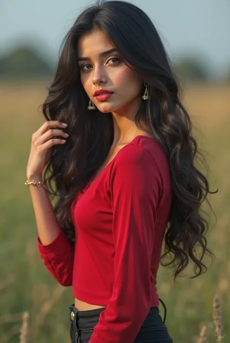 Lovely cute young attractive indian girl, blue eyes, gorgeous actress, , cute, an Instagram model, long hair, black hair, Indian, wearing blouse, ear rings, one hand on the hairs, a red tshir and black jeans. Photorealistic, looking hot, Realism. AanyaaSan...