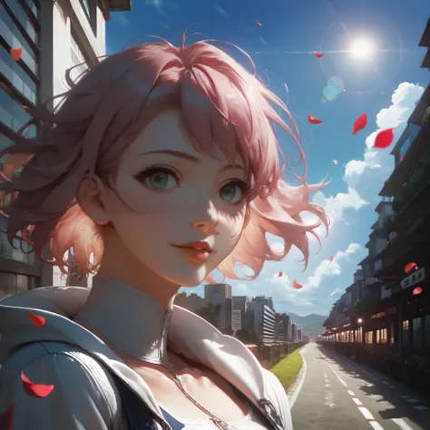 beautiful girl , short bright red messy hair , black eyeshadow , (street style clothes:1.2), (urban background:1.2), dark makeup , anime girl with pink hair and green eyes , best anime wallpaper 4k konachan , sexy anime girl , sakura petals around her , an...