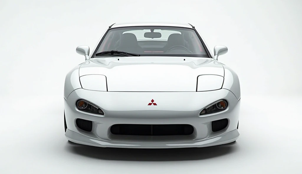 "High-definition front view of a stunning white Mitsubishi 3000GT sports car. The car's glossy paint reflects light beautifully, showcasing its sleek aerodynamic design and sharp headlights. The background is minimalistic, emphasizing the car's elegance an...