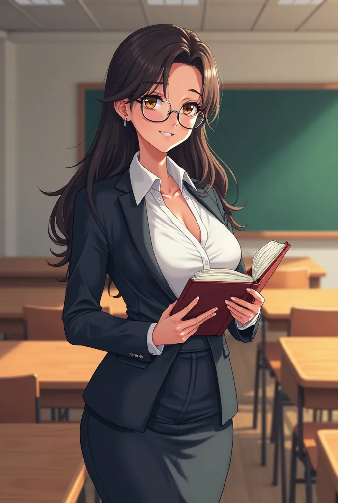 (masterpiece, best quality, ultra-detailed), ((Largebreast)),anime-style, beautiful female teacher, glasses, business suit, pencil skirt, white blouse, holding a book, classroom background, professional but kind expression  