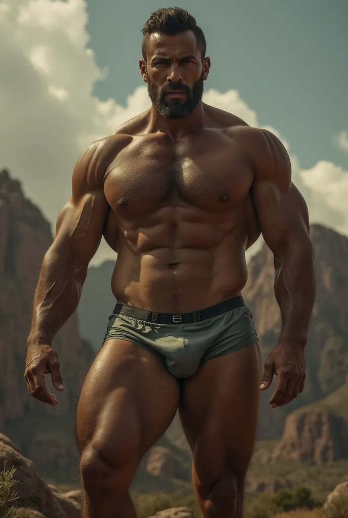 Generate an image of a handsome man with tanned white skin, muscular stubble, sweaty, he is wearing very tight lycra sleep briefs, bulge in the underwear, voluminous underwear, nice atmosphere, nice composition, epic scenery background, dramatic and cinema...