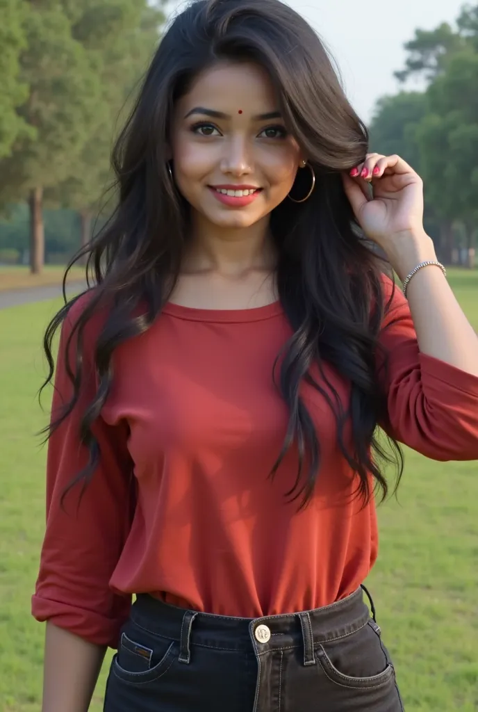 Lovely cute young attractive indian girl, blue eyes, gorgeous actress, , cute, an Instagram model, long hair, black hair, Indian, wearing blouse, ear rings, one hand on the hairs, a red tshir and black jeans. Photorealistic, looking hot, Realism. AanyaaSan...