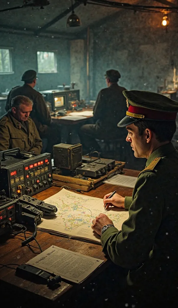 Radio Operators Sending False Signals

"Inside a dimly lit military command tent, radio operators sit at vintage communication consoles, transmitting false messages. Papers with coded transmissions are scattered across the table. A high-ranking officer, dr...