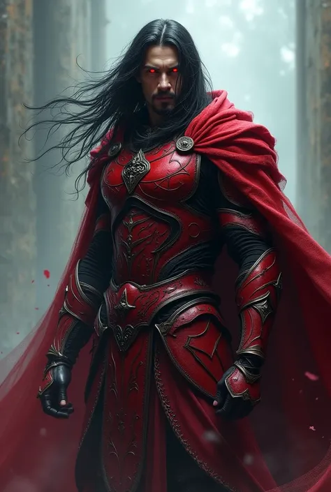  man with long black hair , With red armor and red eyes.