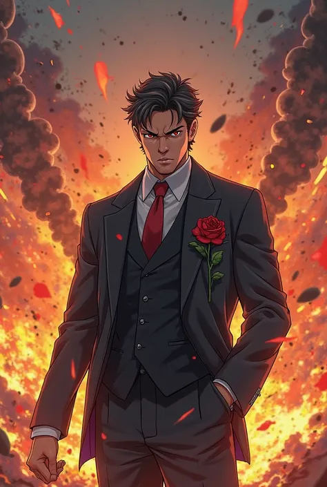 Anime man in full dress with a rose in his pocket screaming in the background explosion 4k real anime version 