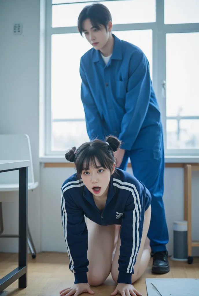 Real photography, high quality, masterpiece, a girl, beautiful asian woman in 20s with perfect bottom and thighs, round face, large eyes, black hair tied up in teo buns. Wearing a student costume (vlue tracksuit with white stripes). Leaning forward over a ...