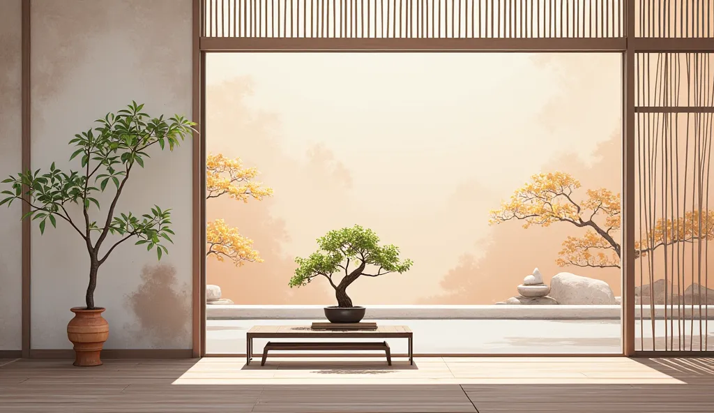 illustration in soft colors predominating , minimalism of a Japanese style living room with window to see the minimalist Japanese garden with bonsai trees, the stage evokes energy and elegance